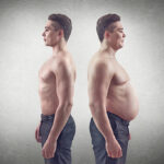 fat and thin man, background gray wall
